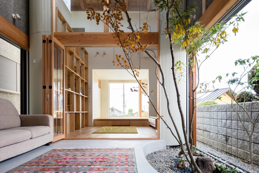 Interior dry garden with tree.