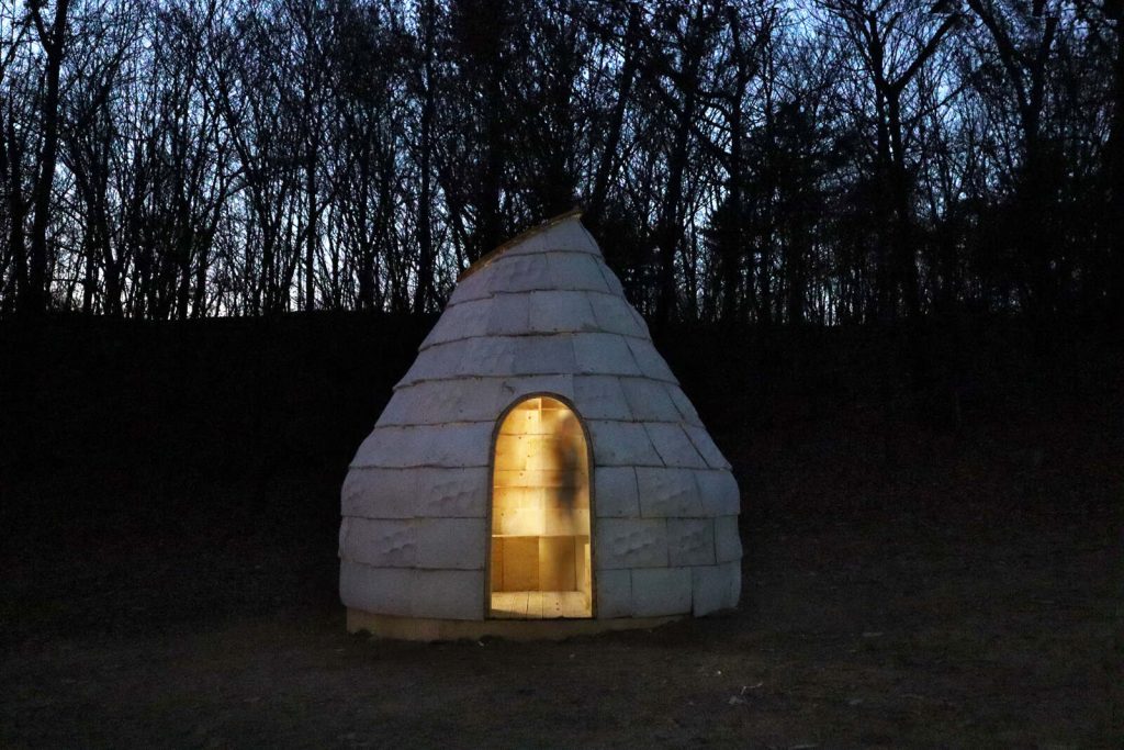Mycelial Hut with wooden frame and organic mycelium panels in open landscape.