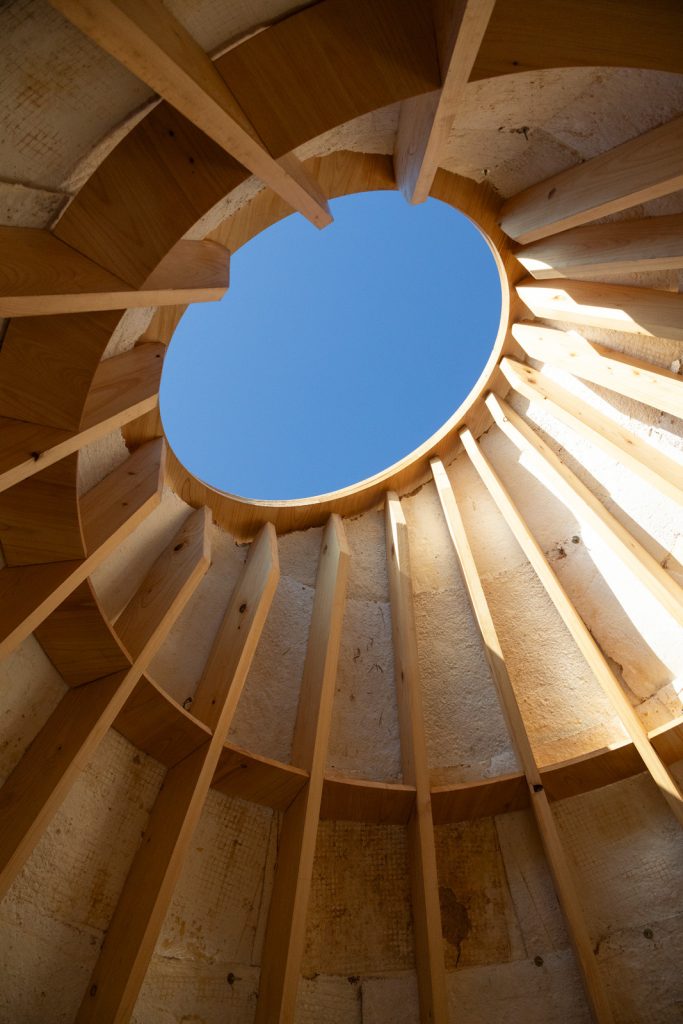 Interior view of wooden frame covered with organically shaped mycelium panels.