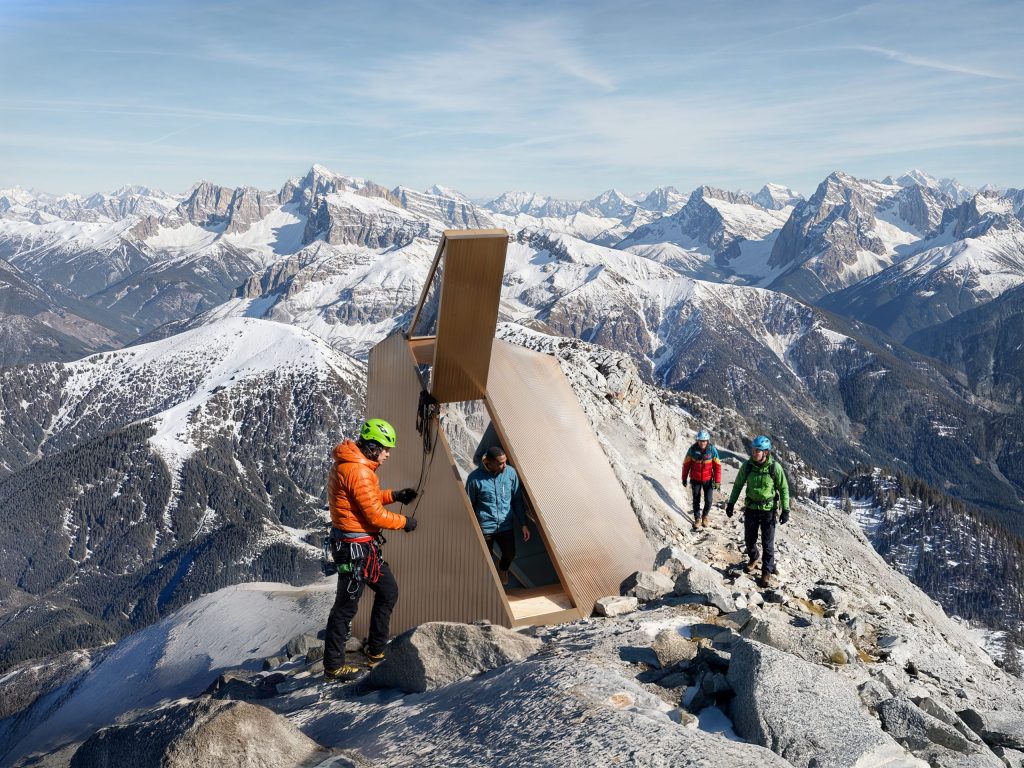 Entrance of the self-sufficient alpine bivouac shelter designed by Carlo Ratti Associati.