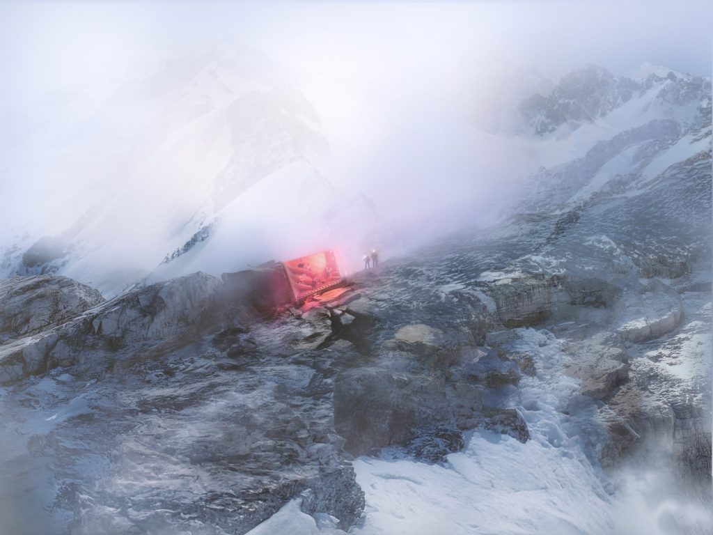 A view highlighting the self-sufficient alpine shelter’s solar roof and compact form.