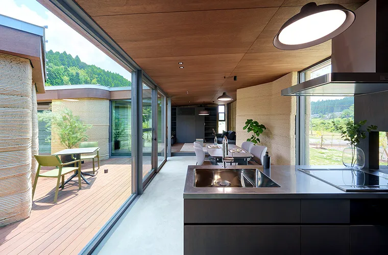 Interior view with soft curved walls, skylight and minimal furnishings.