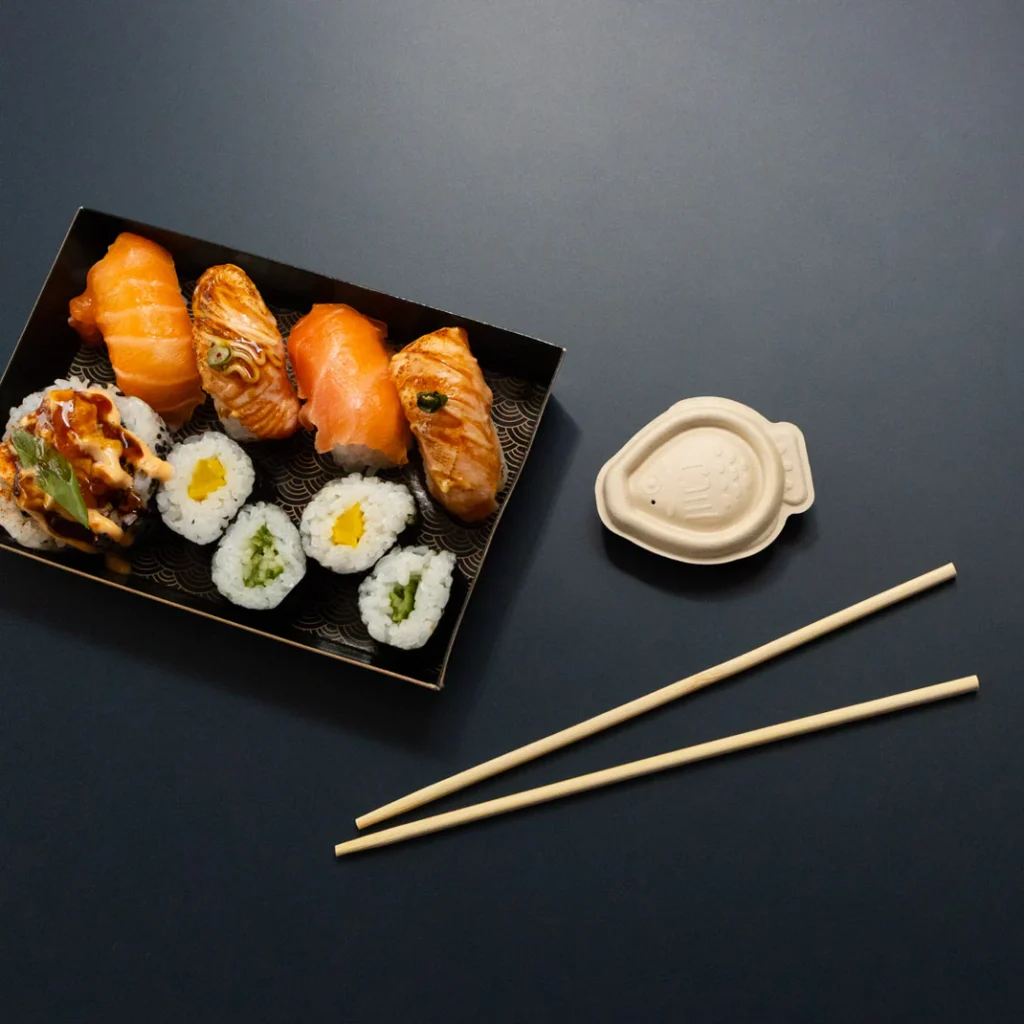 Plastic-free soy sauce fish dropper by Heliograf made from sugarcane bagasse