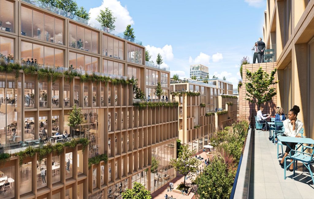 Architectural visualization of mixed-use timber buildings combining homes, offices and retail in Stockholm Wood City.