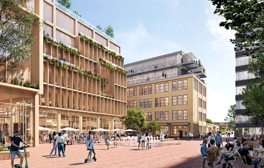 Street level illustration of Stockholm Wood City with wooden mid-rise buildings, trees, outdoor seating and people walking.