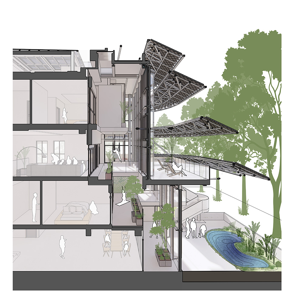Section drawing of Positive Energy House showing curved photovoltaic roof, building envelope, and internal spaces