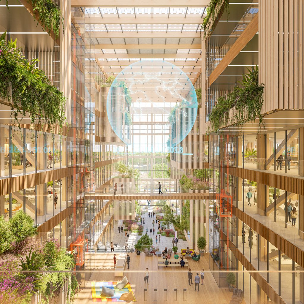 Interior view highlighting exposed mass timber structural elements used to reduce embodied carbon in the Nexus Terrae building.