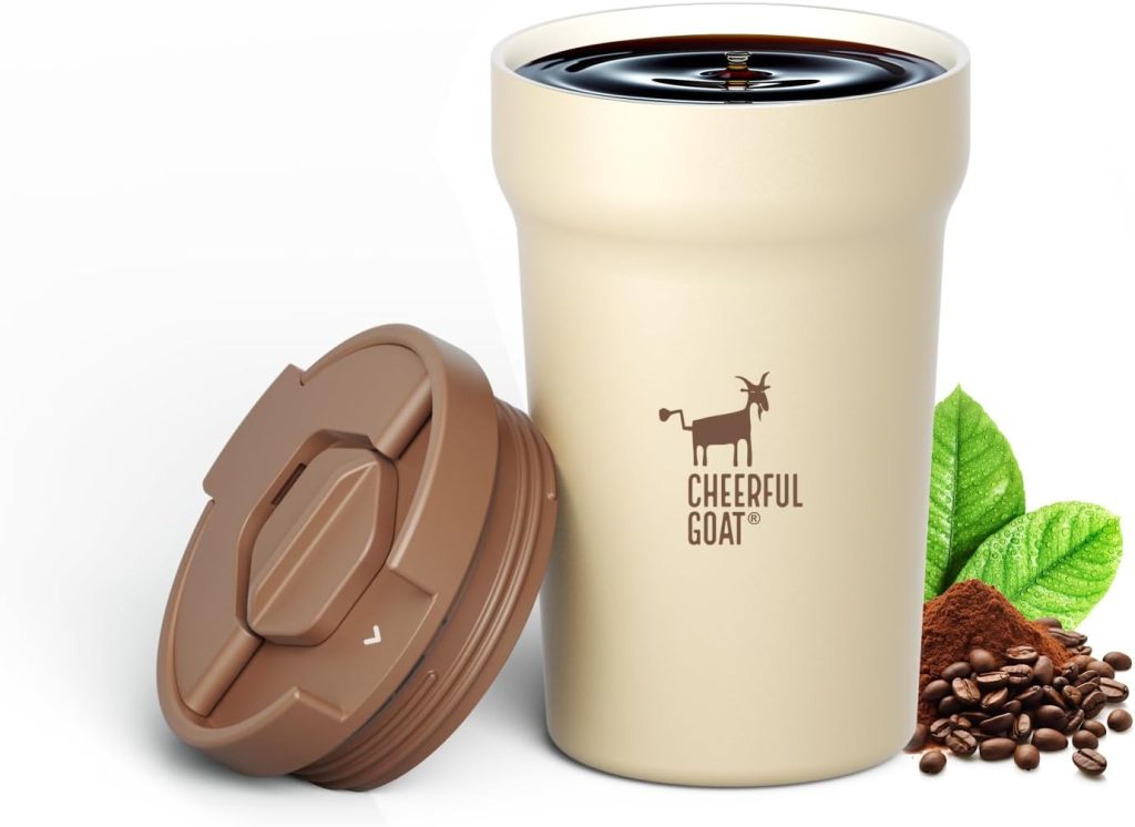 Cheerful Goat 12oz Insulated Stainless Steel Coffee Mug with Ceramic Liner.