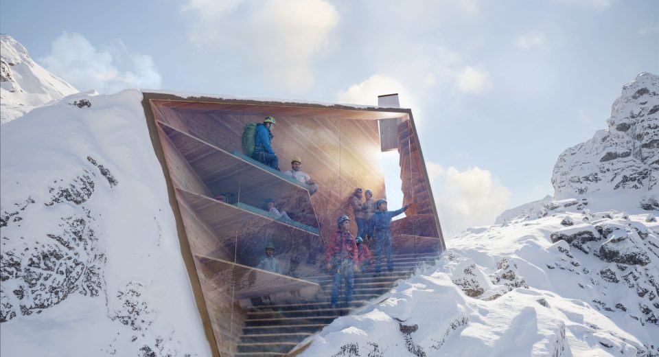 Self-sufficient alpine bivouac shelter designed by Carlo Ratti Associati, standing on a snowy ridge in the Italian Alps.