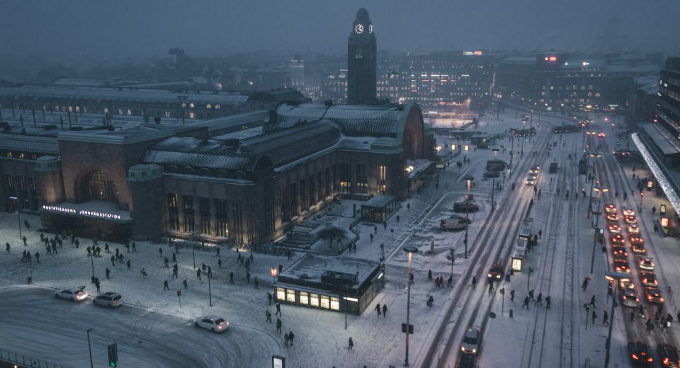 Aerial photo of Helsinki in winter.
