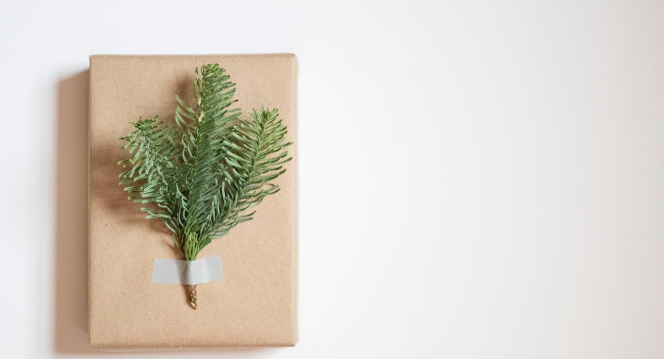 A gift wrapped in kraft paper.
