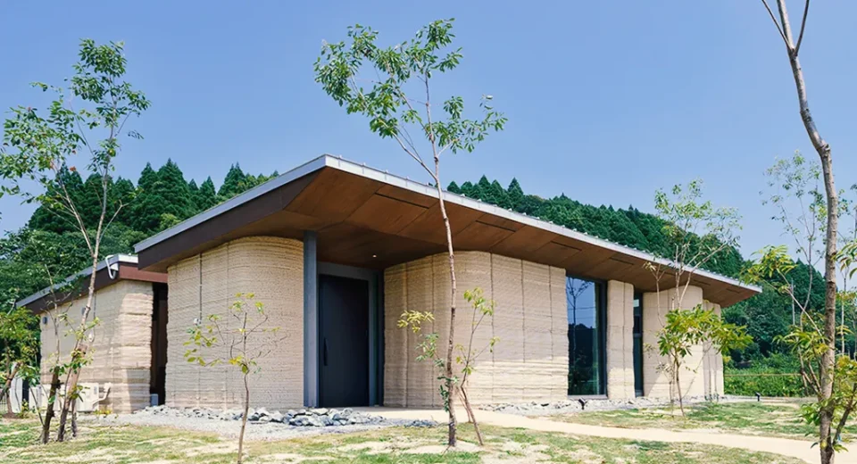 Exterior of Lib Earth House showing curved 3D printed soil walls and natural earth texture.