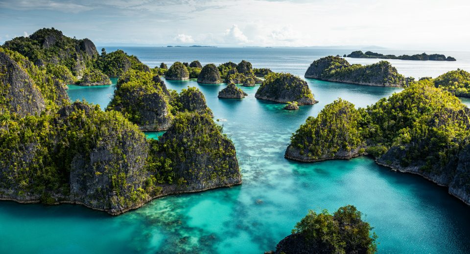 View of Raja Ampat islands surrounded by turquoise waters, highlighting pristine marine and coastal ecosystems.