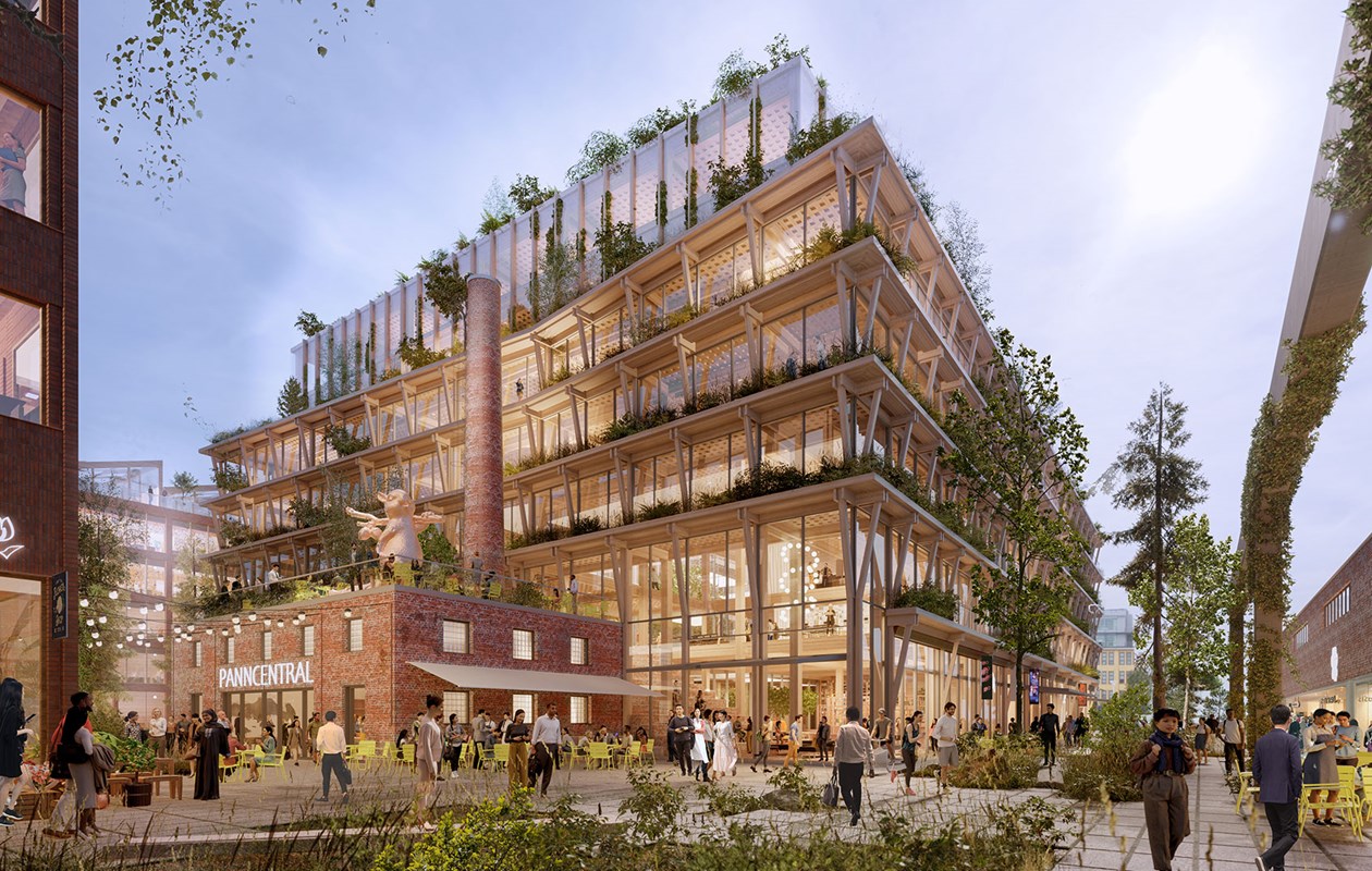 Concept image showing cross laminated timber panels and structural wooden elements used in Stockholm Wood City.